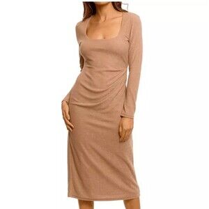 Acler Highfield Midi Dress Nougat Tan Light Brown Long Sleeve Scoop Neck Size 6